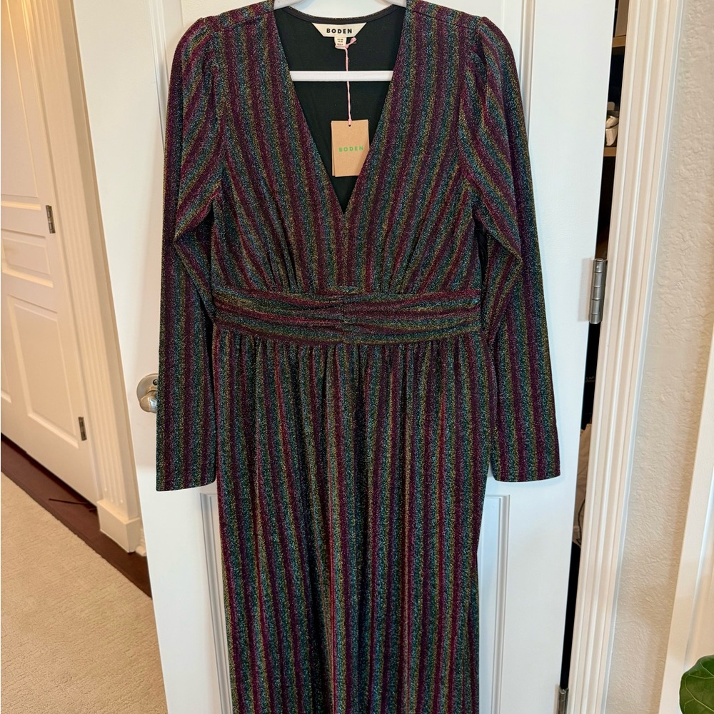 Boden Multi-Stripe Metallic V-Neck Long Sleeve Dress - Green/Purple/Black